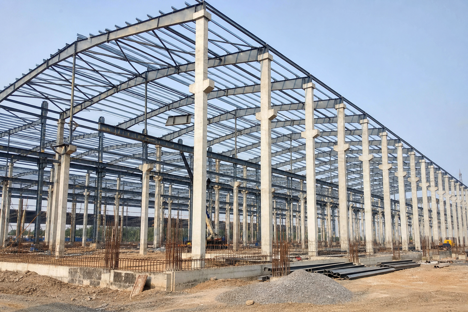 Industrial factory steel and RCC frame under construction