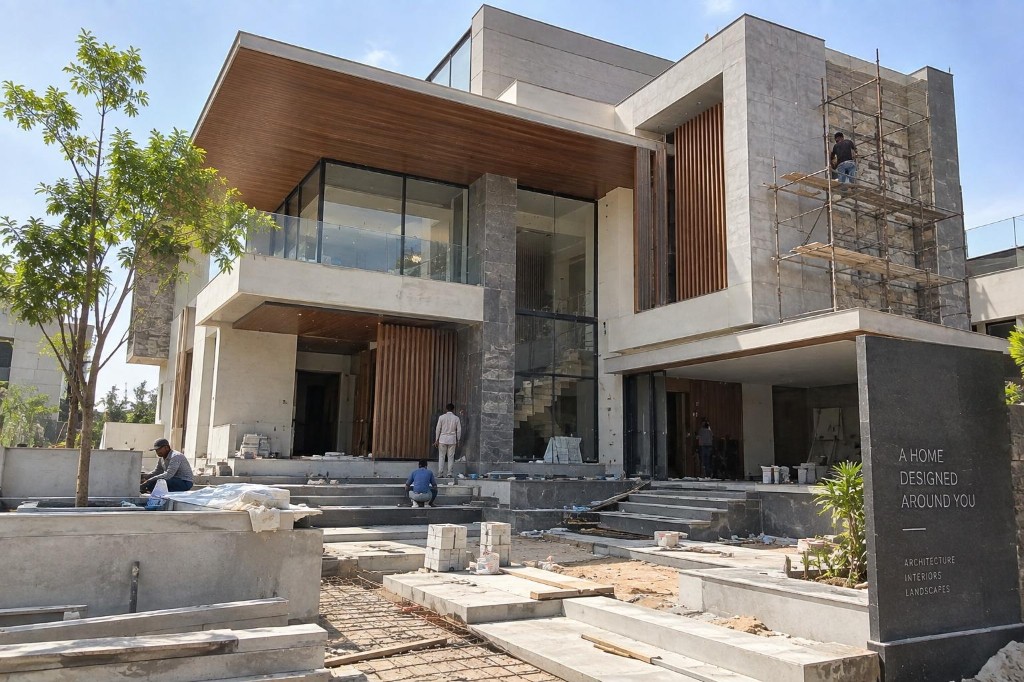 Premium modern bungalow under construction in Surat with glass, stone cladding, wood soffits, and active site work