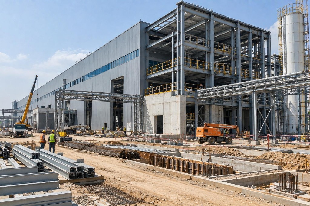 Large industrial manufacturing facility under construction with metal cladding, steel frame, pipe rack, and foundation work on site